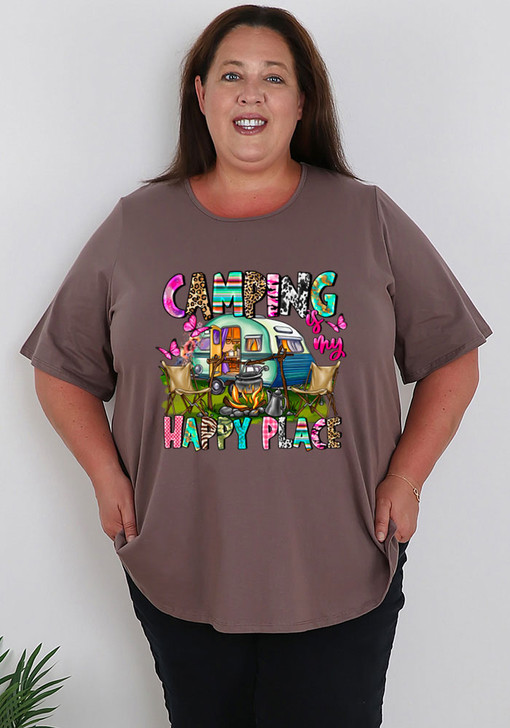 Plus Size My Happy Place Taupe Tee