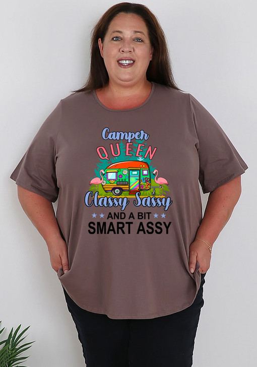 Plus Size Camping Queen Taupe Round Neck Tee