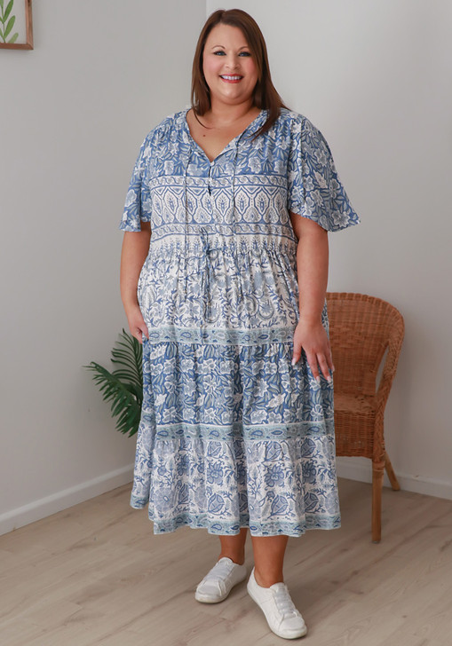 Plus Size Hand Block Printed in Blues Boho Dress