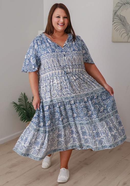Plus Size Hand Block Printed in Blues Boho Dress