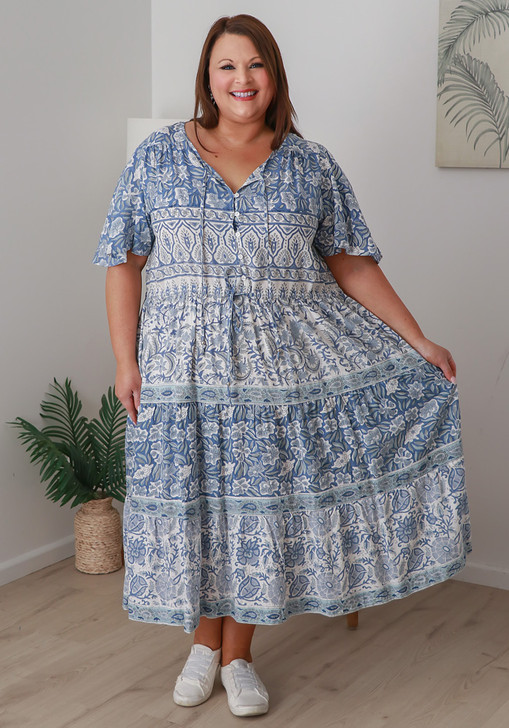 Plus Size Hand Block Printed in Blues Boho Dress