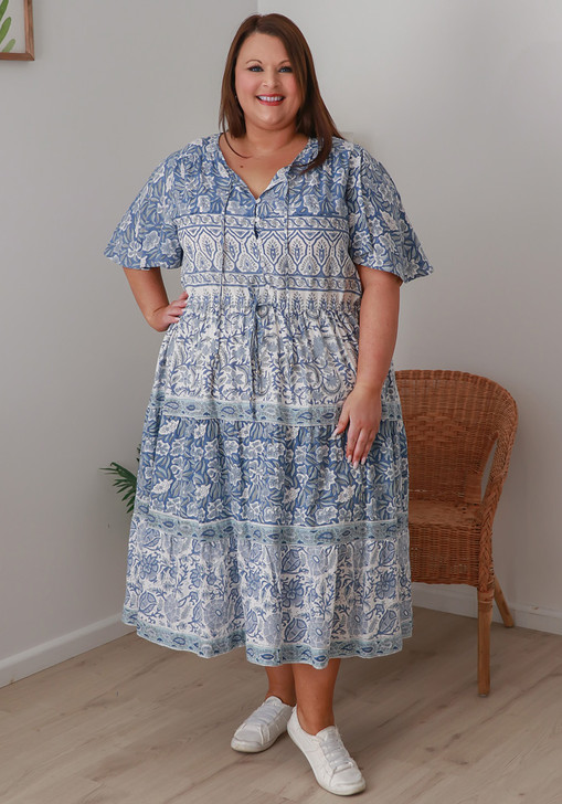 Plus Size Hand Block Printed in Blues Boho Dress