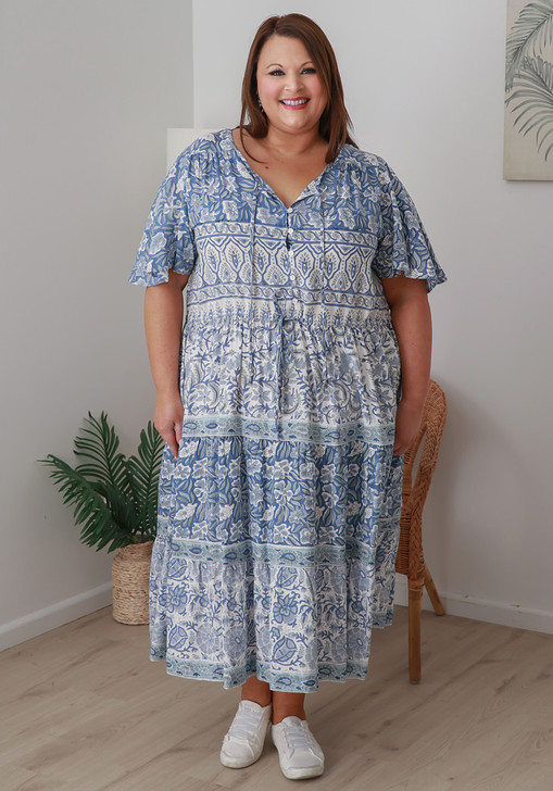 Plus Size Hand Block Printed in Blues Boho Dress
