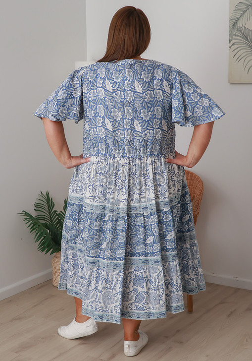 Plus Size Hand Block Printed in Blues Boho Dress