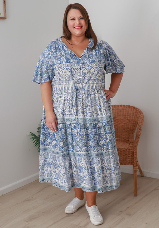 Plus Size Hand Block Printed in Blues Boho Dress