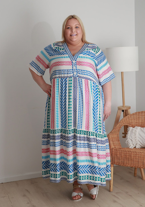 Plus Size Rainbow Aztec Inspired Flounce Hem Maxi Dress