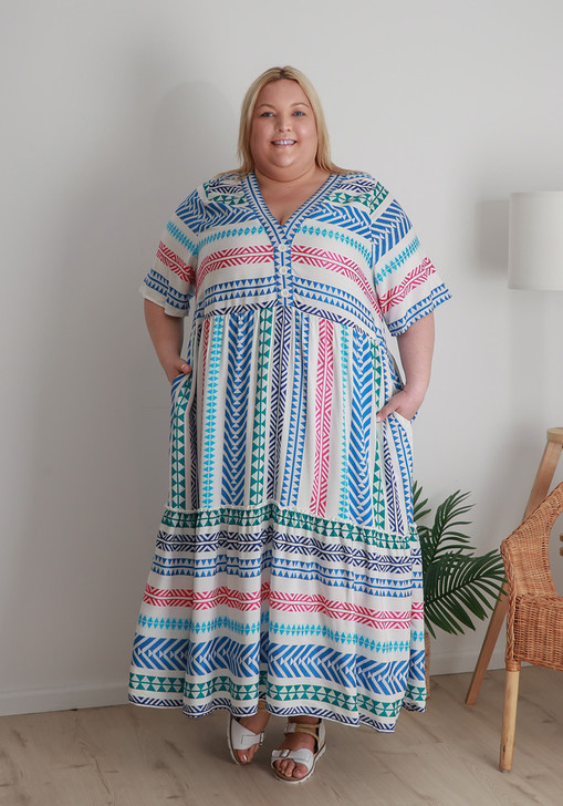 Plus Size Rainbow Aztec Inspired Flounce Hem Maxi Dress