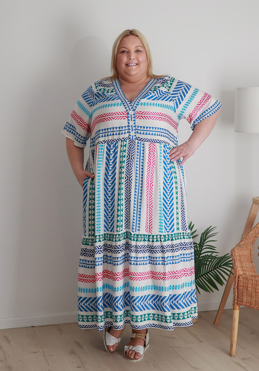 Plus Size Rainbow Aztec Inspired Flounce Hem Maxi Dress