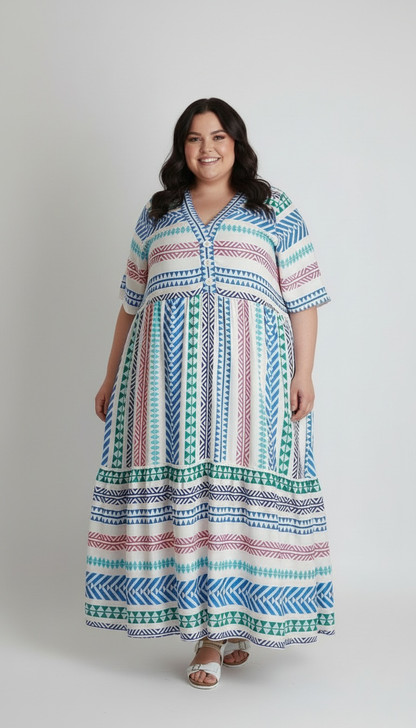 Plus Size Rainbow Aztec Inspired Flounce Hem Maxi Dress