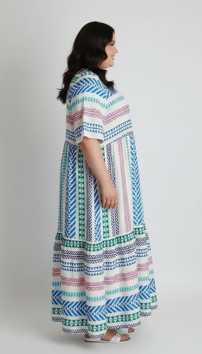 Plus Size Rainbow Aztec Inspired Flounce Hem Maxi Dress