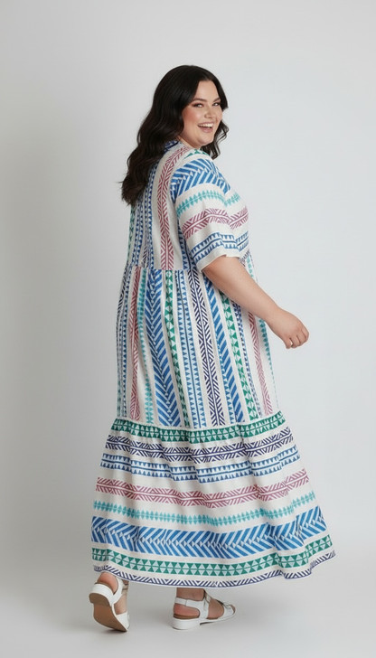 Plus Size Rainbow Aztec Inspired Flounce Hem Maxi Dress