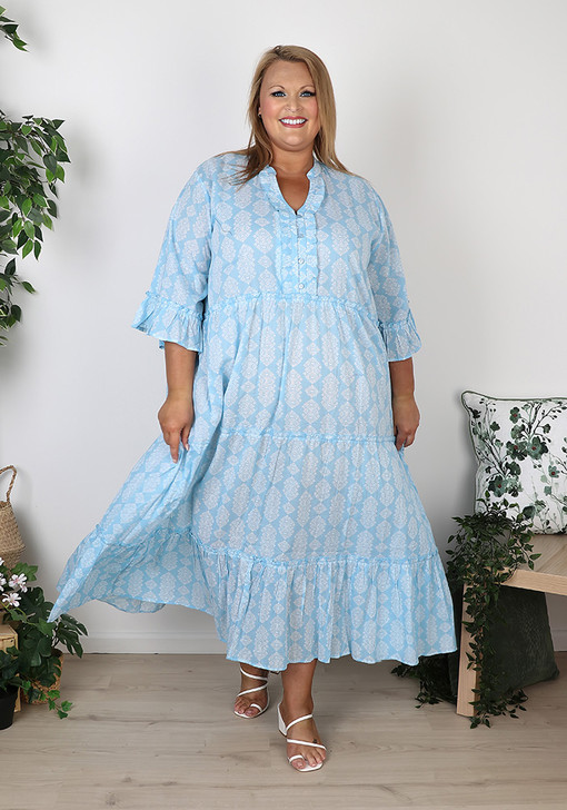 Plus Size Blue Button Front Frill Detail Boho Dress