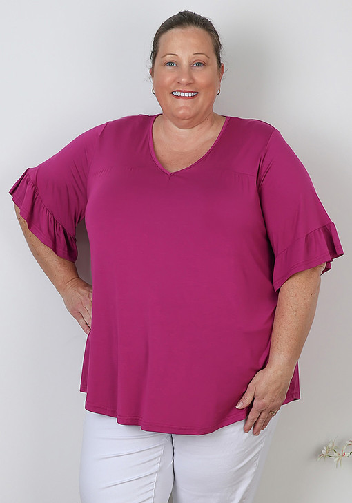 Plus Size Berry Bamboo Top with Frill Sleeves