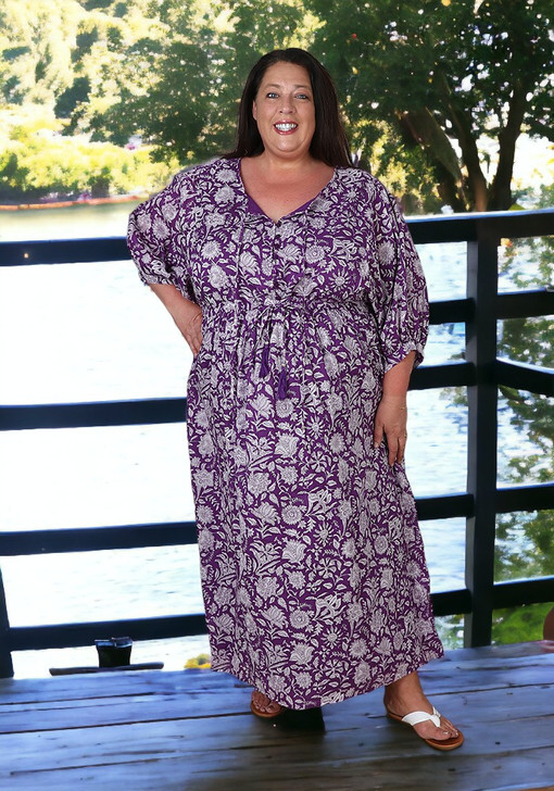 Purple Boho Balloon Sleeve Cotton Maxi Dress