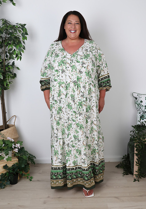 Plus Size Green and White Boho Maxi Dress