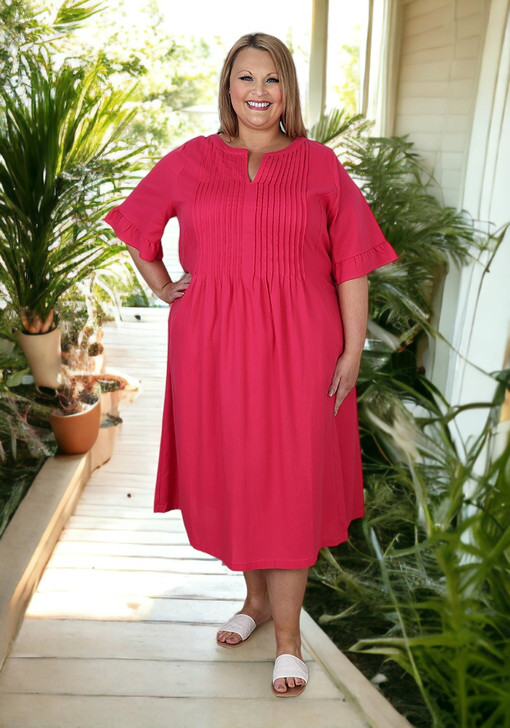 Pink Pin Tuck Linen Blend Dress