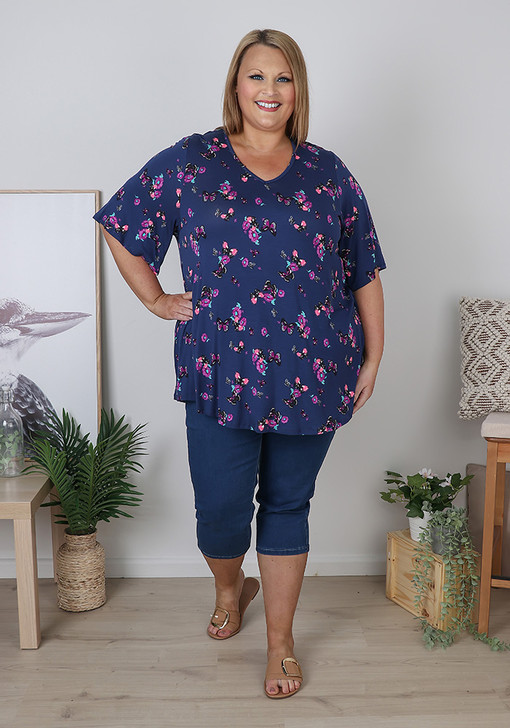 Plus Size Navy Floral Butterfly V Neck Top