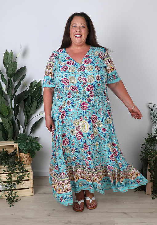Plus Size Bohemian Garden Maxi Dress In Turquoise - Sizes 18-32