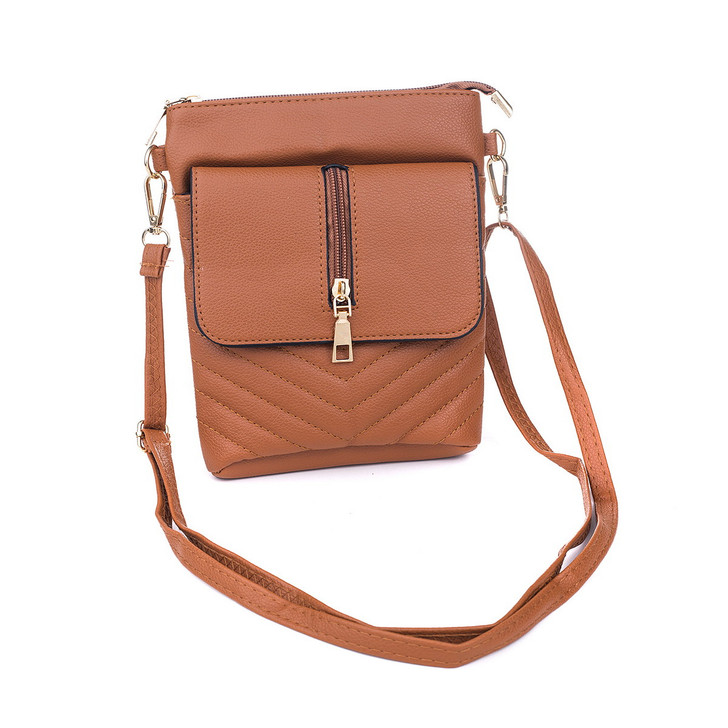 Tan Two Pocket Gold Zipper Cross Body Bag