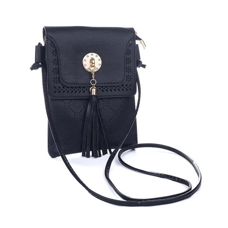 Black Laser Cut Cross Body Bag With Tassel