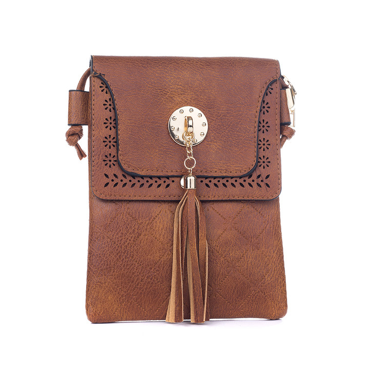 Tan Laser Cut Cross Body Bag With Tassel