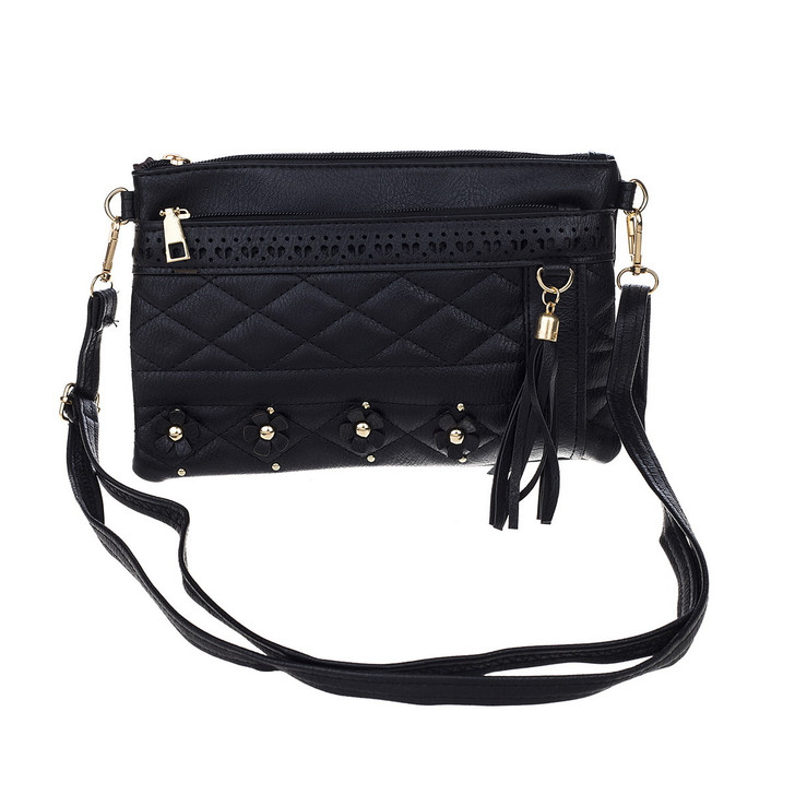 Black Two Pocket Flower Detail Cross Body Bag With Tassel