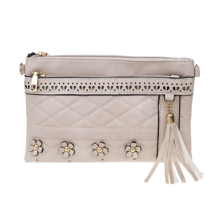 Cream Two Pocket Flower Detail Cross Body Bag With Tassel