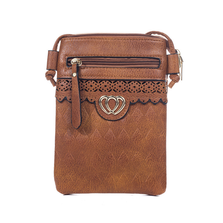 Tan Diamond Pattern With Gold Hearts Cross Body Bag