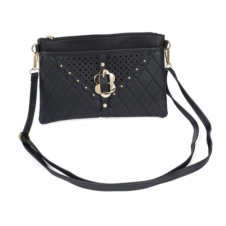 Black Laser Cut Stars With Gold Buckle Cross Body Bag 