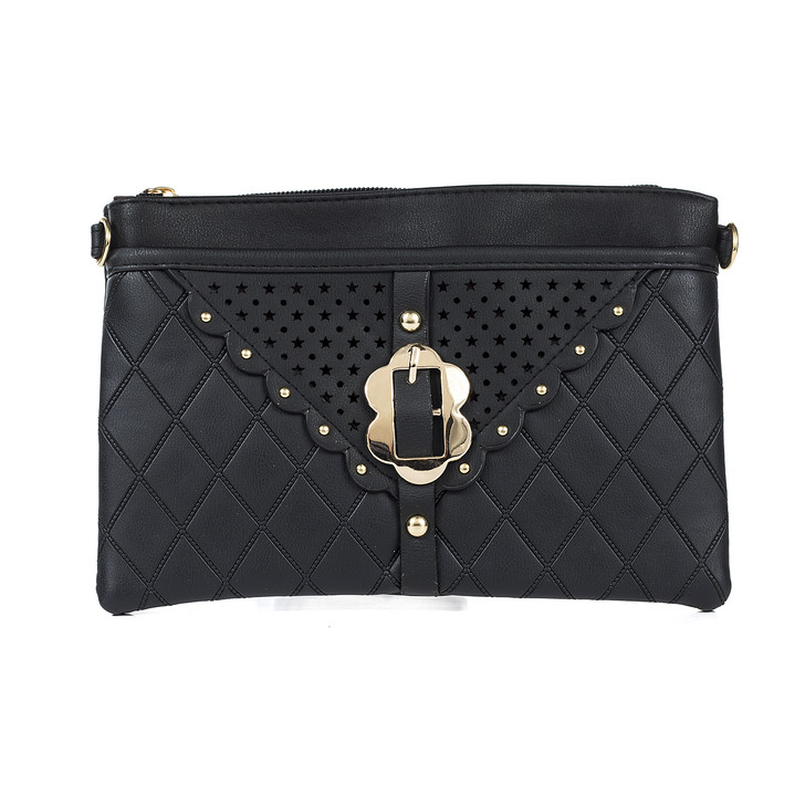 Black Laser Cut Stars With Gold Buckle Cross Body Bag