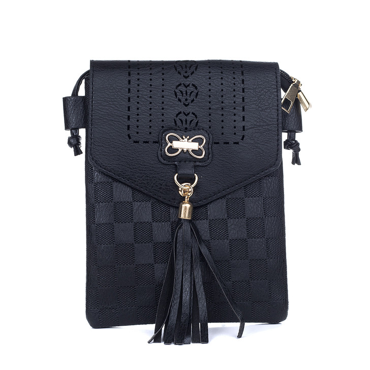 Black Checker Board Detail And Gold Butterfly Cross Body Bag With Tassel