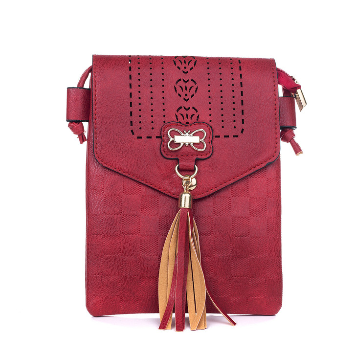Red Checker Board Detail And Gold Butterfly Cross Body Bag With Tassel