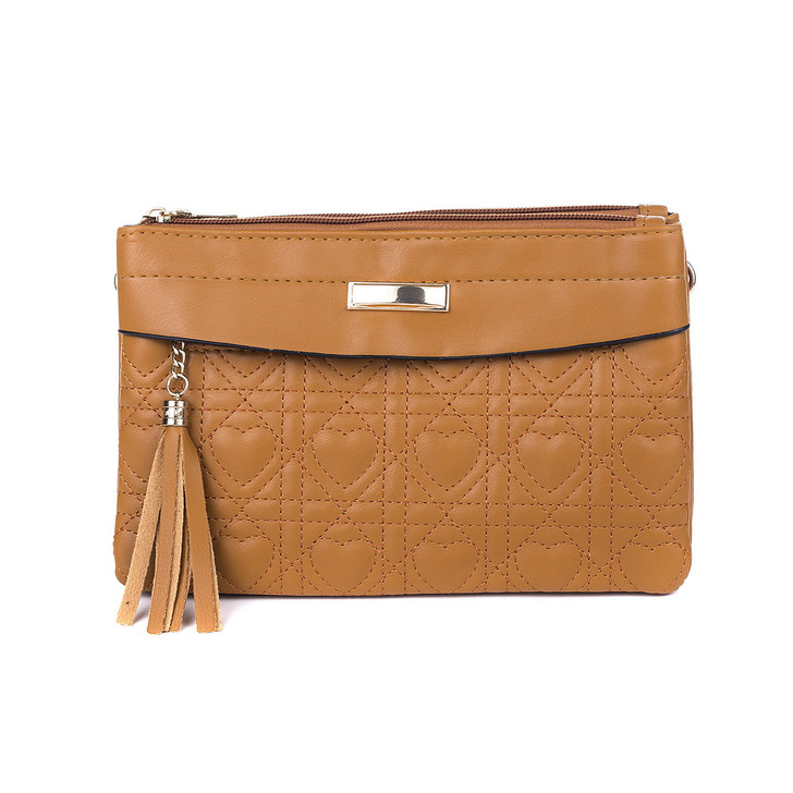 Caramel Heart Detail Four Pocket Cross Body Bag With Tassel