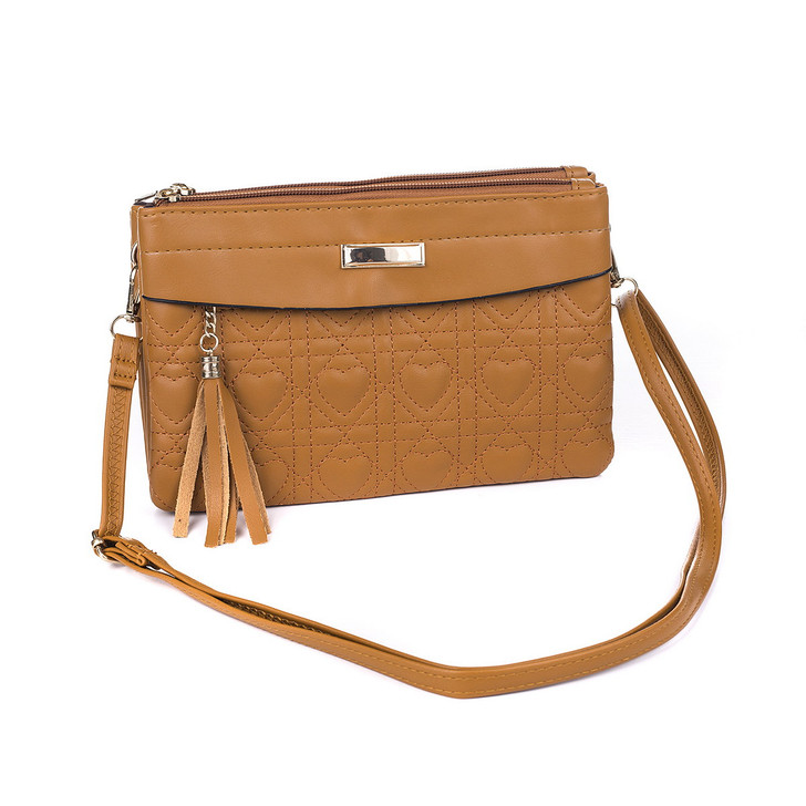 Caramel Heart Detail Four Pocket Cross Body Bag With Tassel