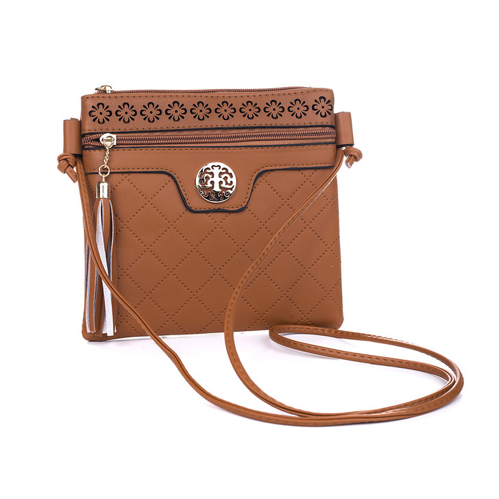 Caramel Laser Cut Two Pocket Gold Detail Bag With Tassel