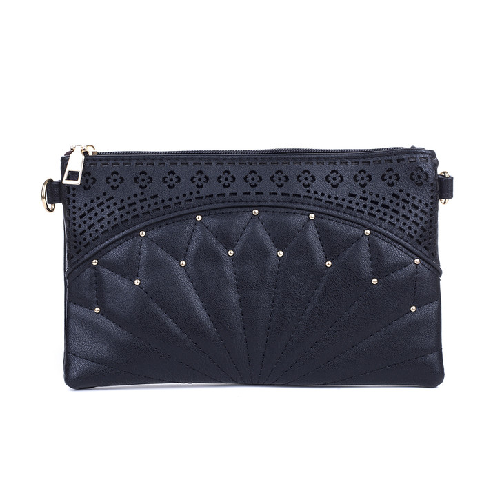 Black Fan Stitched Laser Cut Bag With Gold Studs