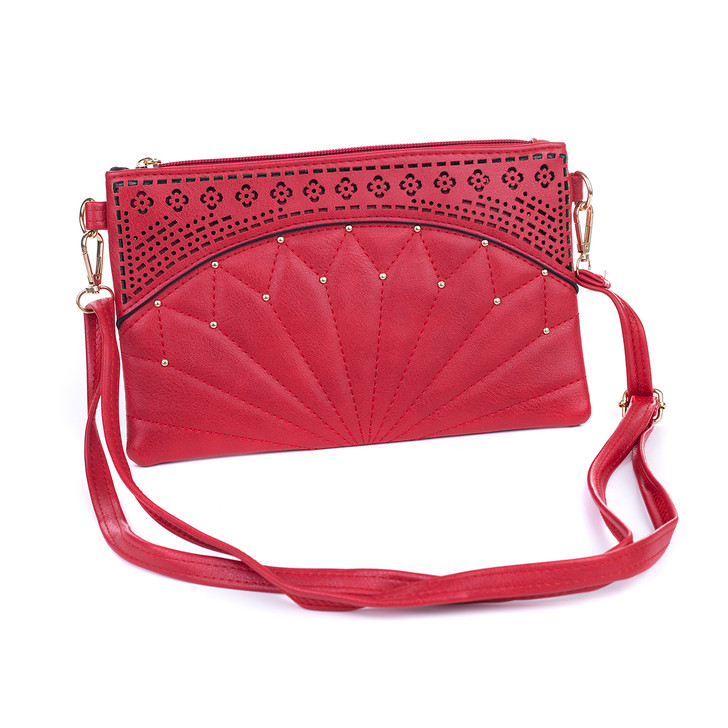 Red Fan Stitched Laser Cut Bag With Gold Studs 