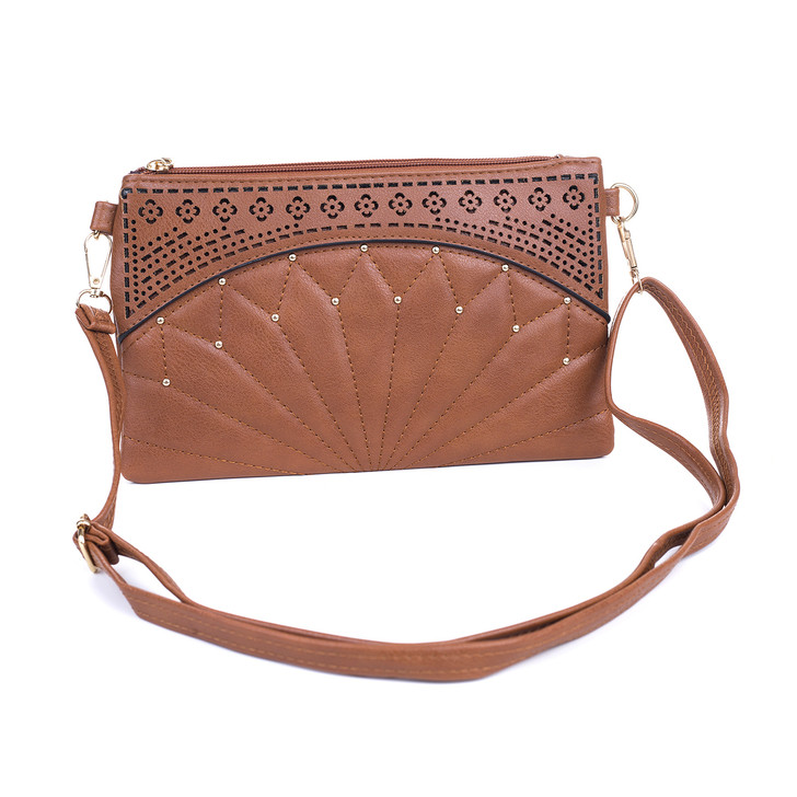 Tan Fan Stitched Laser Cut Bag With Gold Studs