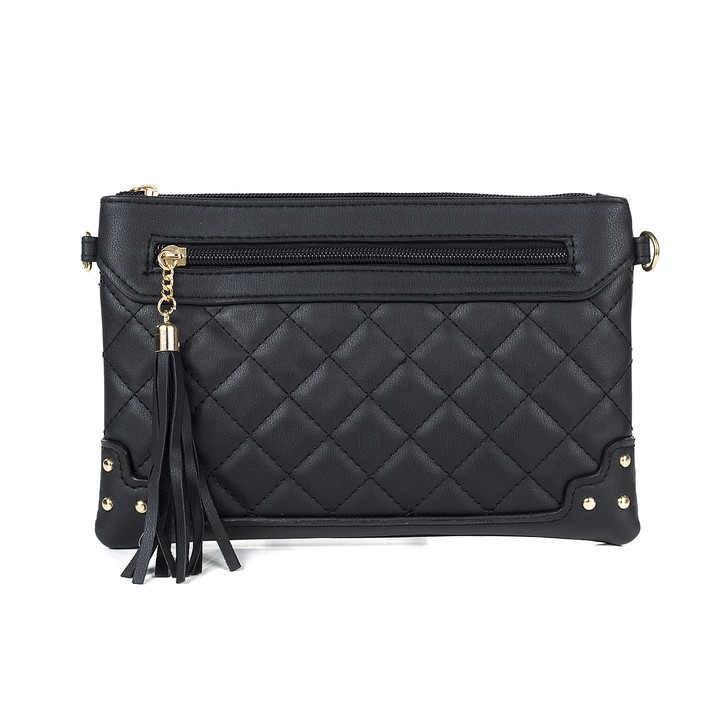 Black Diamond Stitch Two Pocket Bag With Tassel