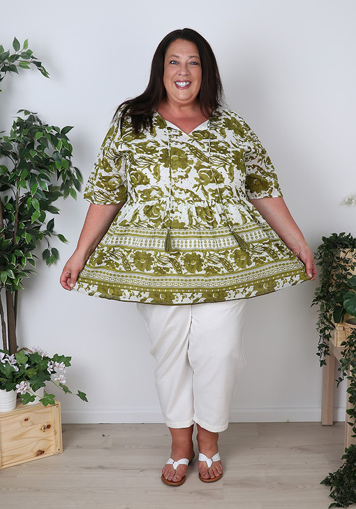 Plus Size Olive and White Boho Cotton Top