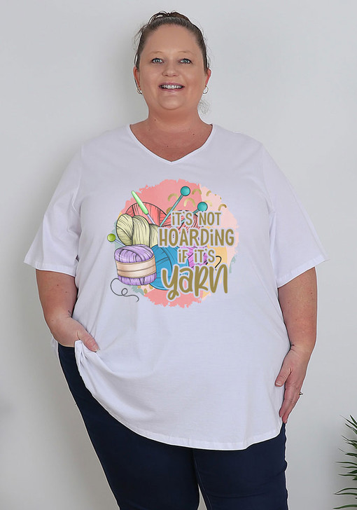 Plus Size Crafts Themed White V Neck Cotton Tee