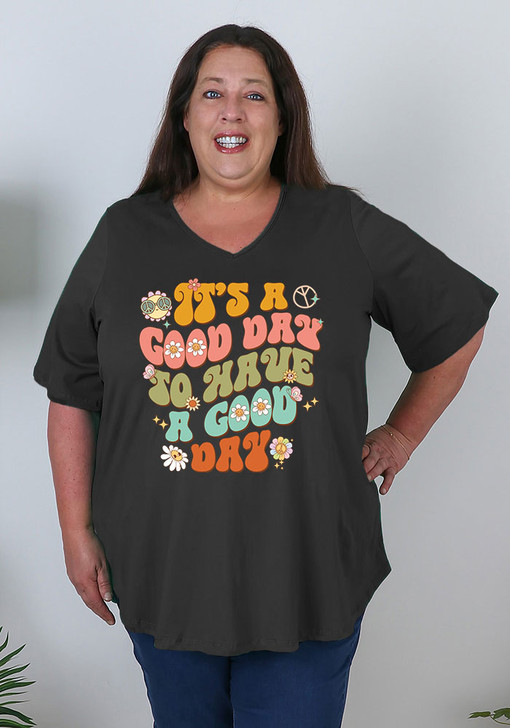 Plus Size Fun Positivity Print Black V Neck Cotton Tee