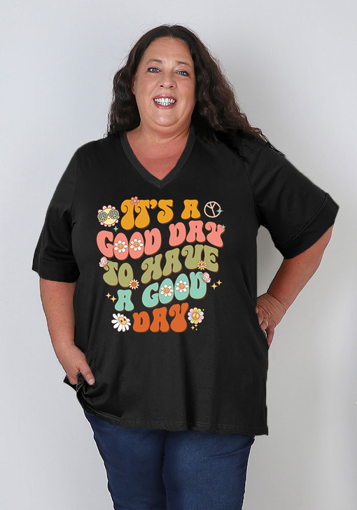 Plus Size Positivity Print Black Side Split Top