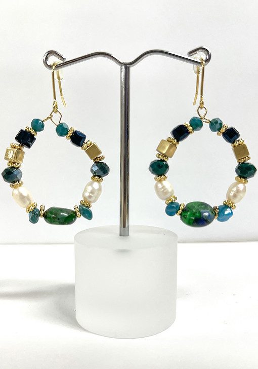 Teal Tones Glass and Stone Hook Earrings