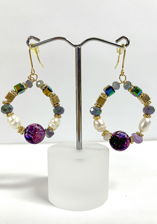 Purple Tones Glass and Stone Hook Earrings