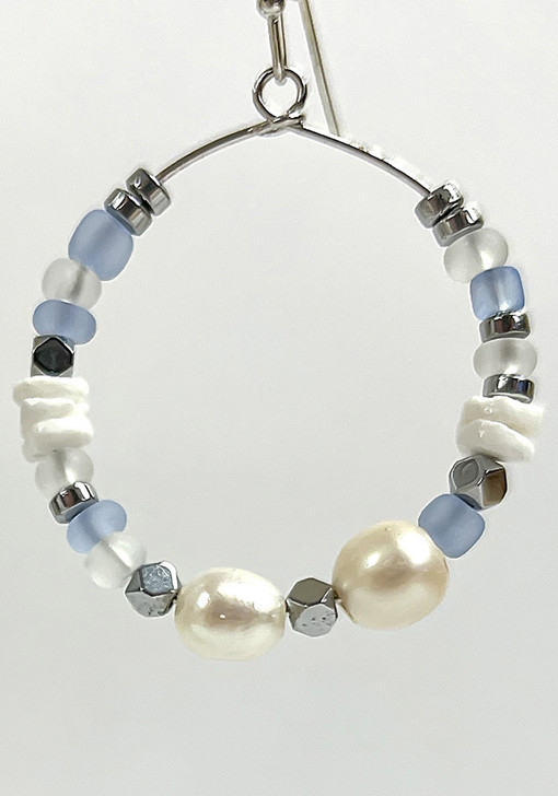 Blue Frosted Glass Seashell and Pearl Hoop Earrings 