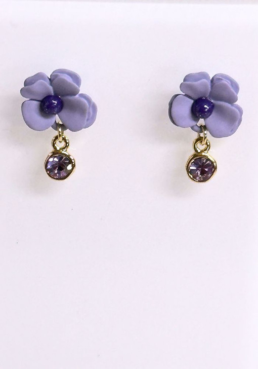Lavender Flower And Crystal Drop Stud Earrings