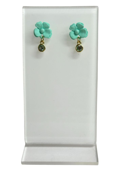 Mint Flower And Crystal Drop Stud Earrings