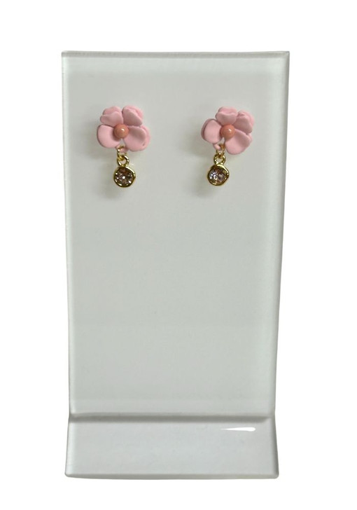 Pink Flower And Crystal Drop Stud Earrings
