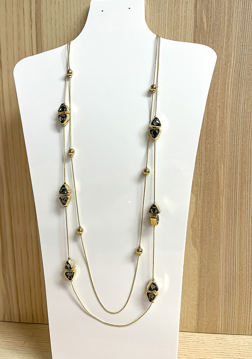 Black Glass And Metal Bead Double Strand Gold Necklace 